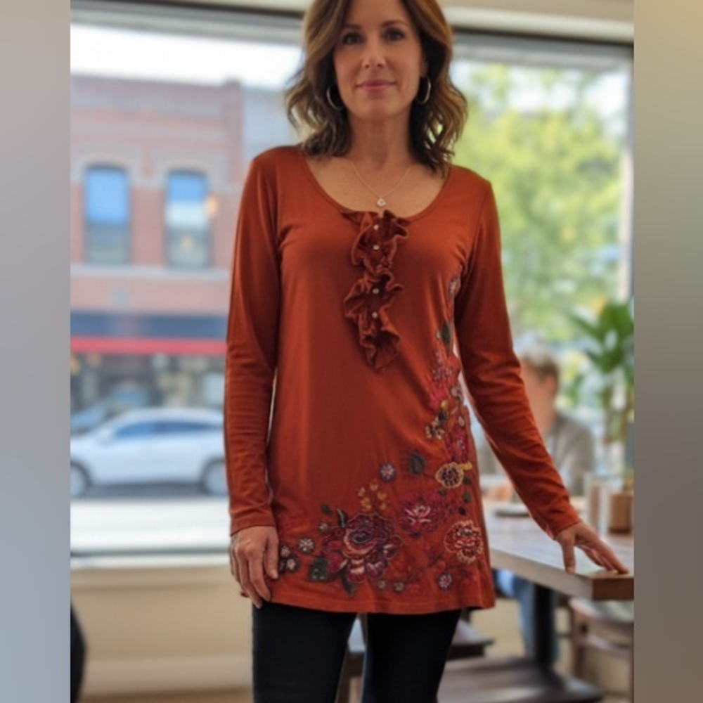 Johnny Was Reddish Orange long sleeve Ruffle Top with Floral Embroidery size M